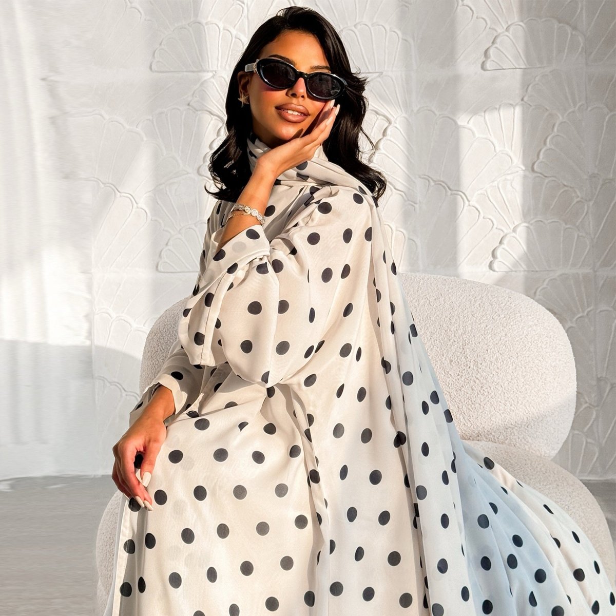 2 - Piece Polka Dot Print Open Abaya Set(MOA316) - Mariam's Collection