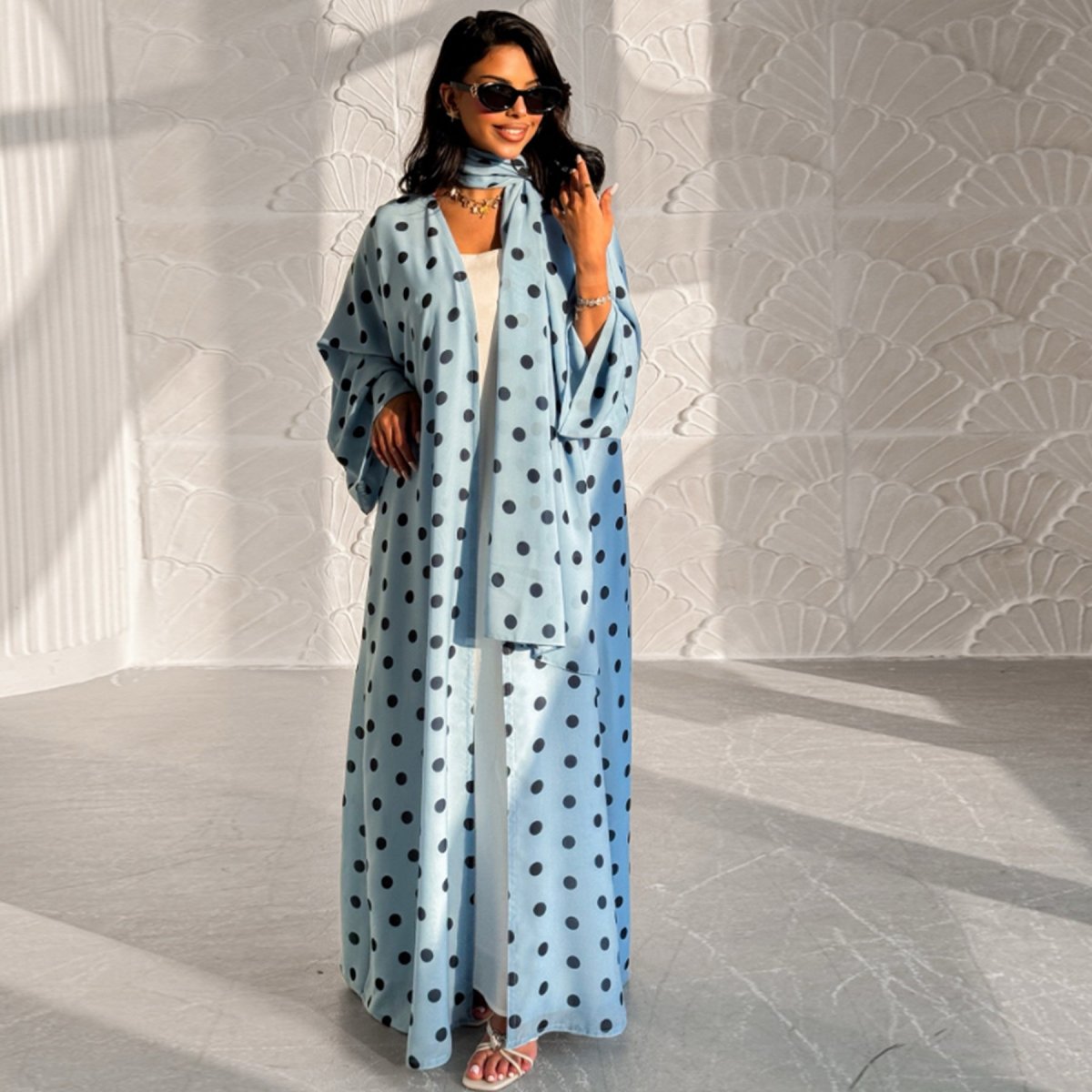 2 - Piece Polka Dot Print Open Abaya Set(MOA316) - Mariam's Collection