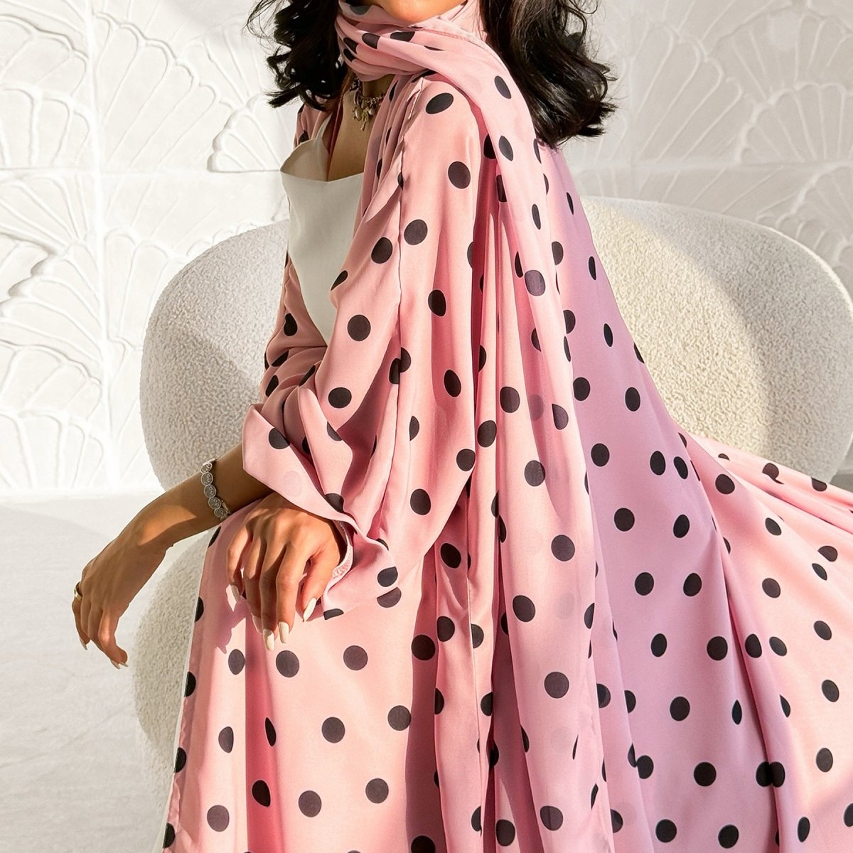 2 - Piece Polka Dot Print Open Abaya Set(MOA316) - Mariam's Collection