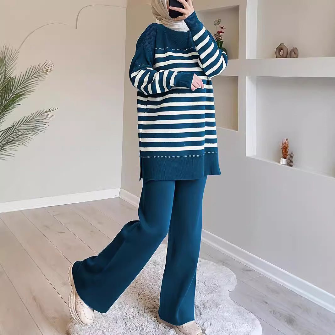 2-Piece Stripe Knit Sweater & Wide Leg Pants Set(MS426) - Mariam's Collection