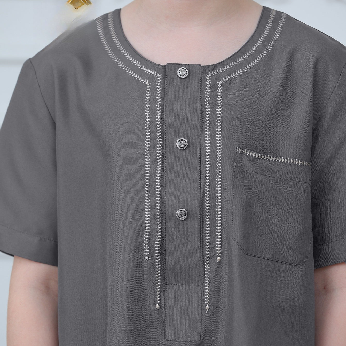 Boys Short Sleeve Embroidered Thobe with Pockets(MKB015)