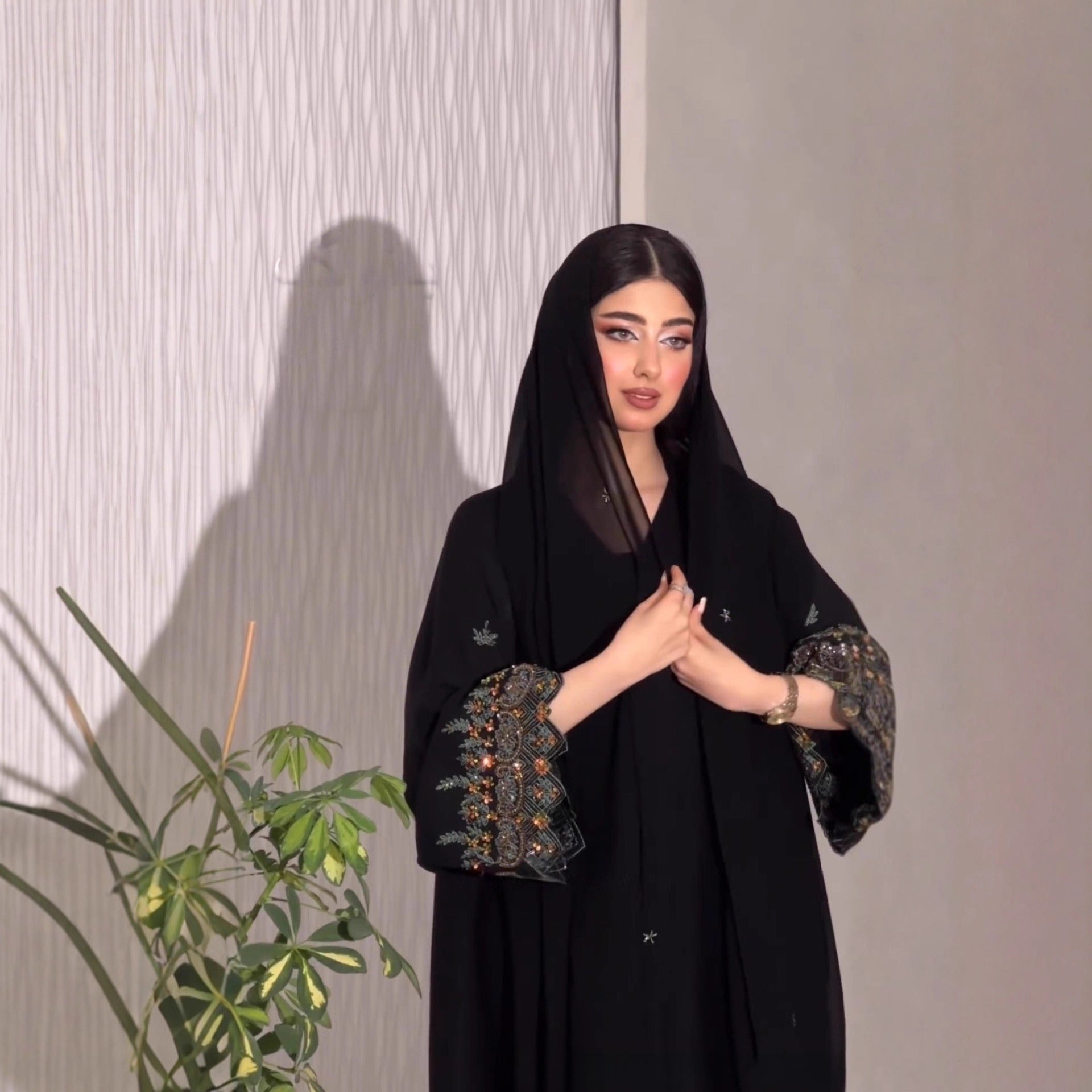 Black Abaya with Beaded Embroidered Cuffs & Hijab Set(MOA278)