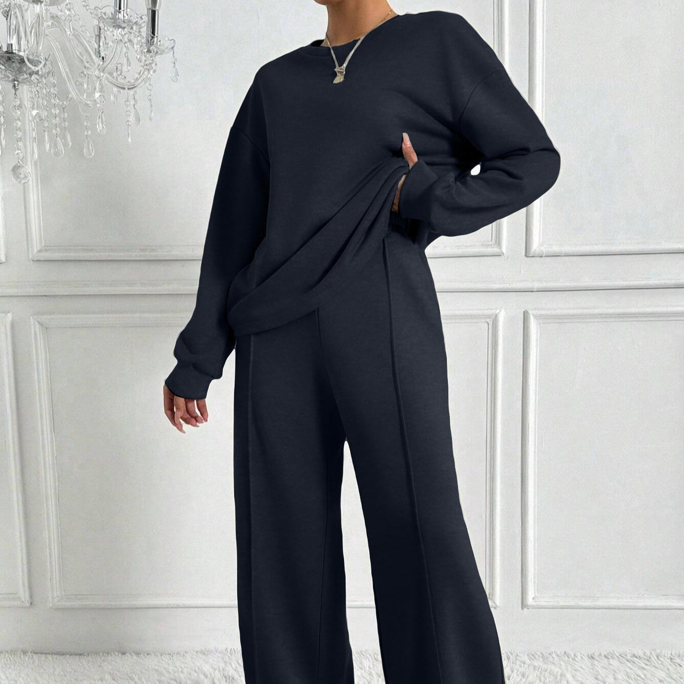 Drop Shoulder Sweatshirt & Wide-Leg Trouser Co-ord Set(MS528)