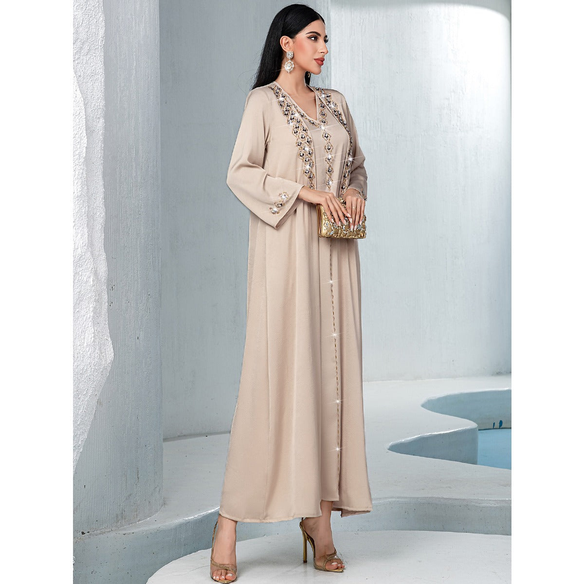 Luxury Muslim Kaftan Set Evening Wear | Beige Hand-Sewn Diamond Two-Piece Dress with Bell Sleeves(MOA202)