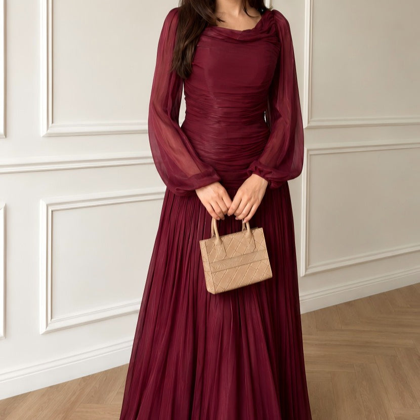 Cowl Neck Ruched Bodice Lantern Sleeve Pleated Maxi Dress(MS534)