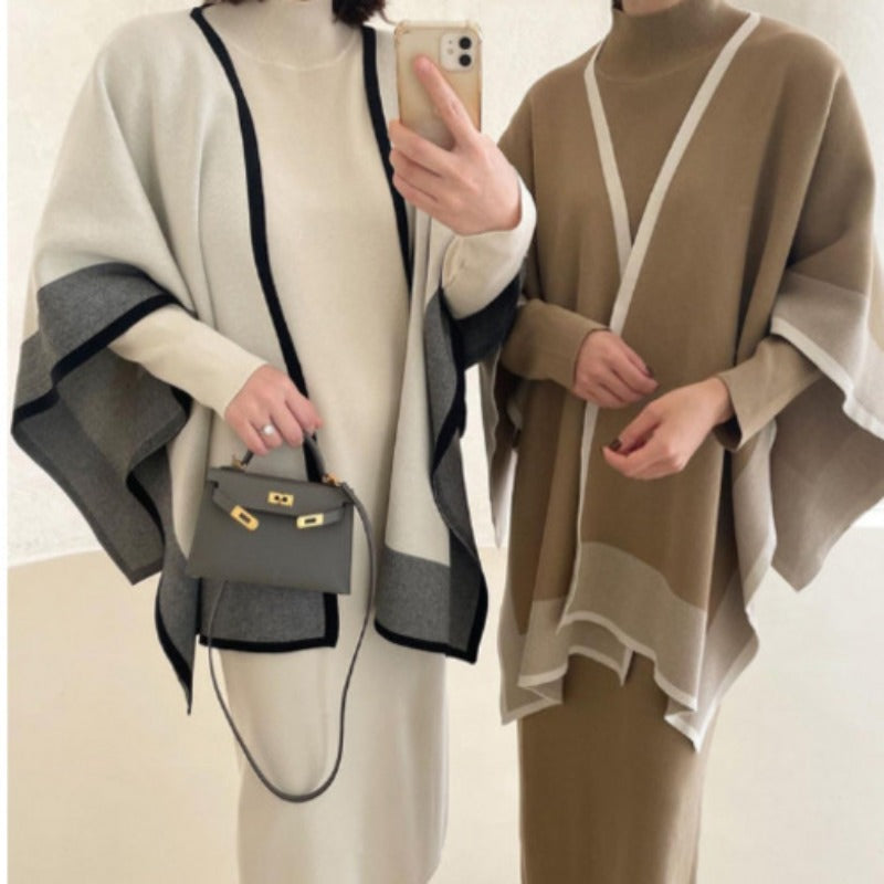 Elegant Knit Shawl & Half-Turtleneck Maxi Dress Set | Two-Piece Modest Outfit(MS117)