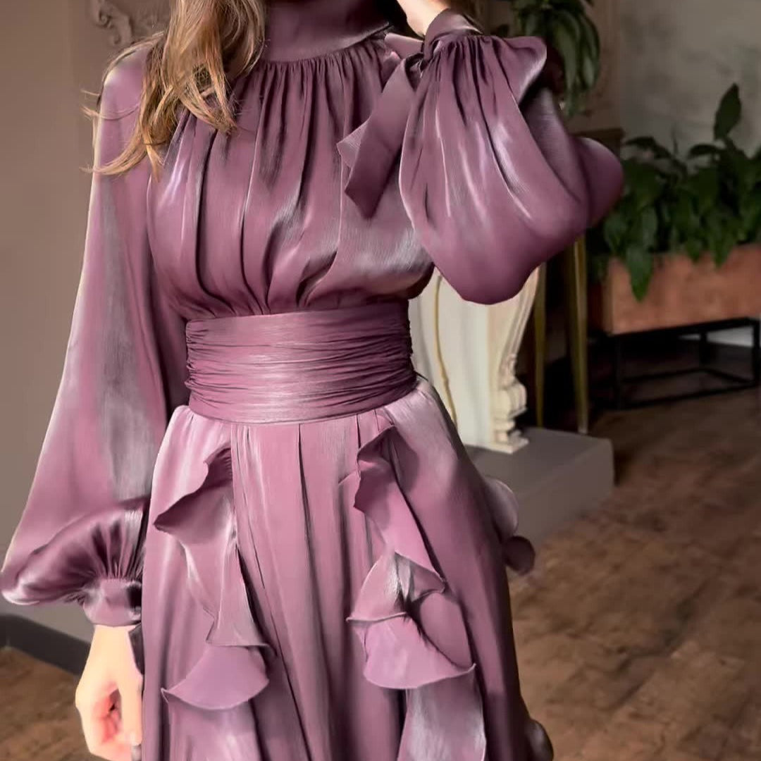 Cascading Ruffle Gown | High Neck Tie-Waist Maxi Dress(MS231)