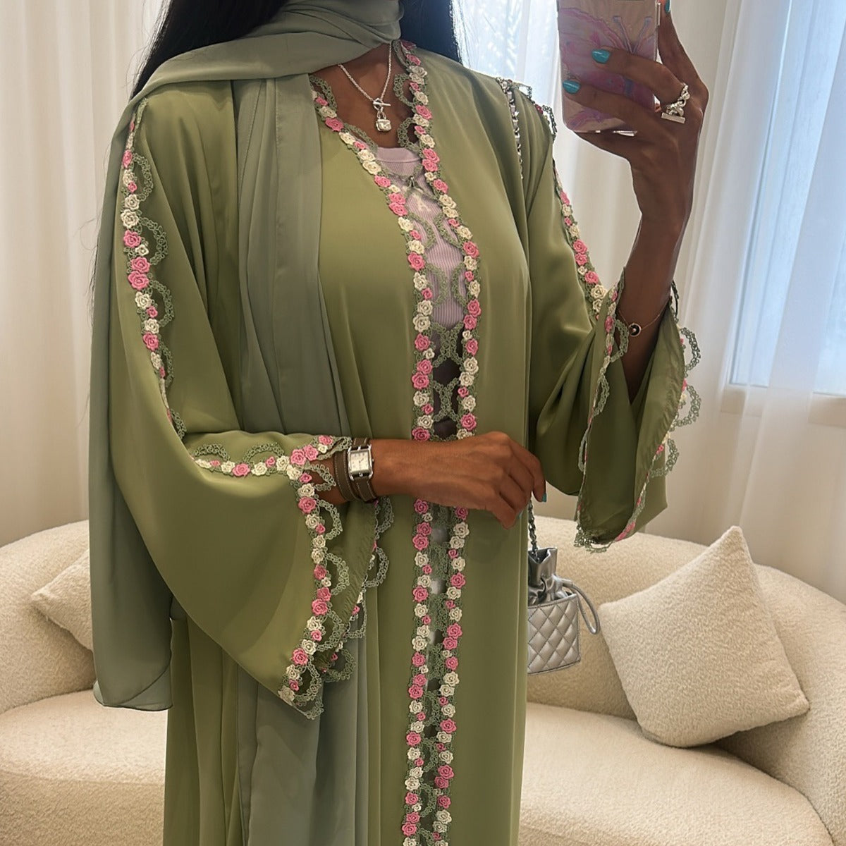 Muslim Women's Luxury Floral Embroidered Cardigan | Olive Green Modest Cover-Up with Pink/White Blossoms (MOA197)