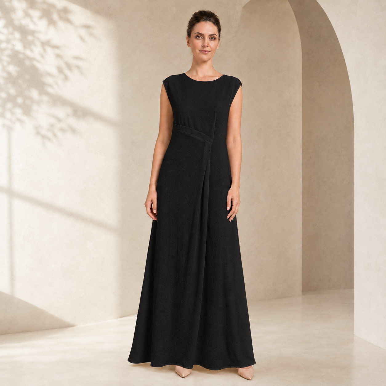 Crepe Sleeveless Maxi Dress with Waist Pleat & Back Zip(MS436)