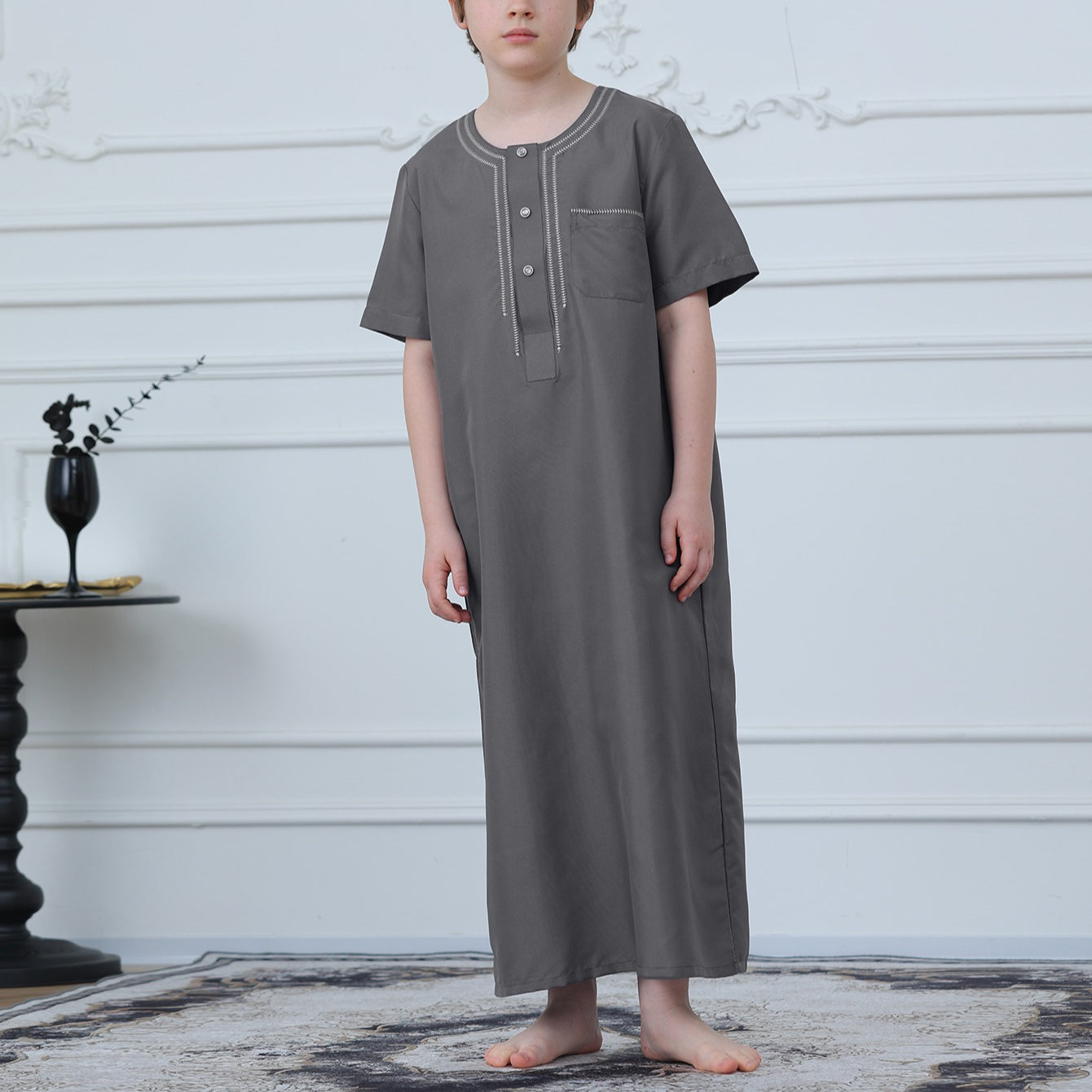 Boys Short Sleeve Embroidered Thobe with Pockets(MKB015)