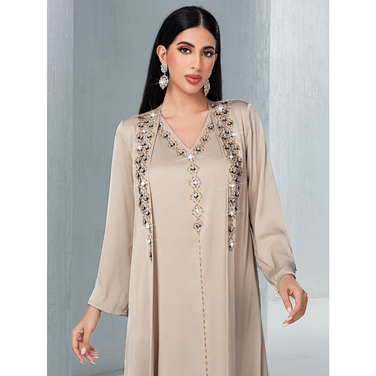 Luxury Muslim Kaftan Set Evening Wear | Beige Hand-Sewn Diamond Two-Piece Dress with Bell Sleeves(MOA202)