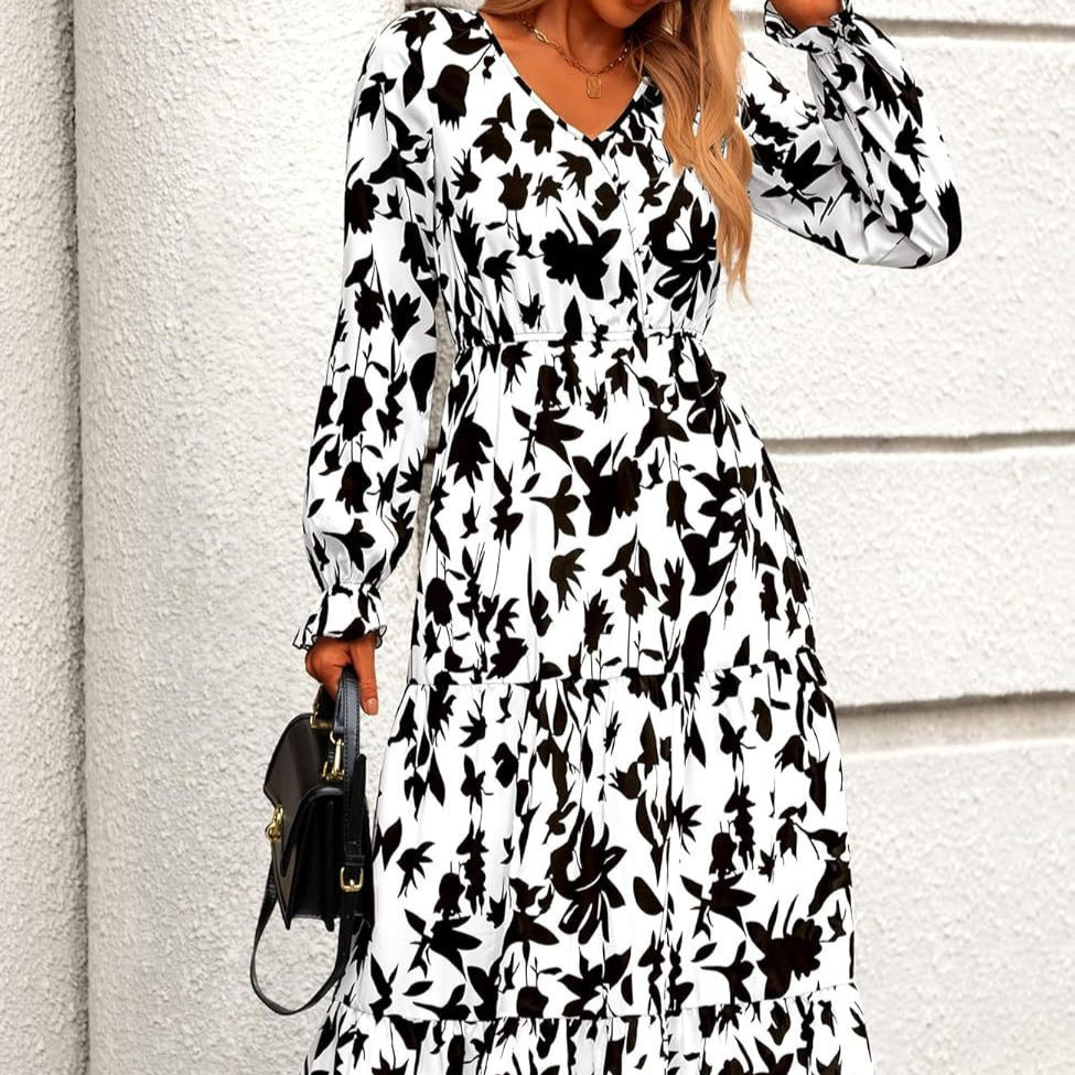 Floral Print V-Neck Midi Dress | Long Sleeve Elastic Waist Dress(MS271)