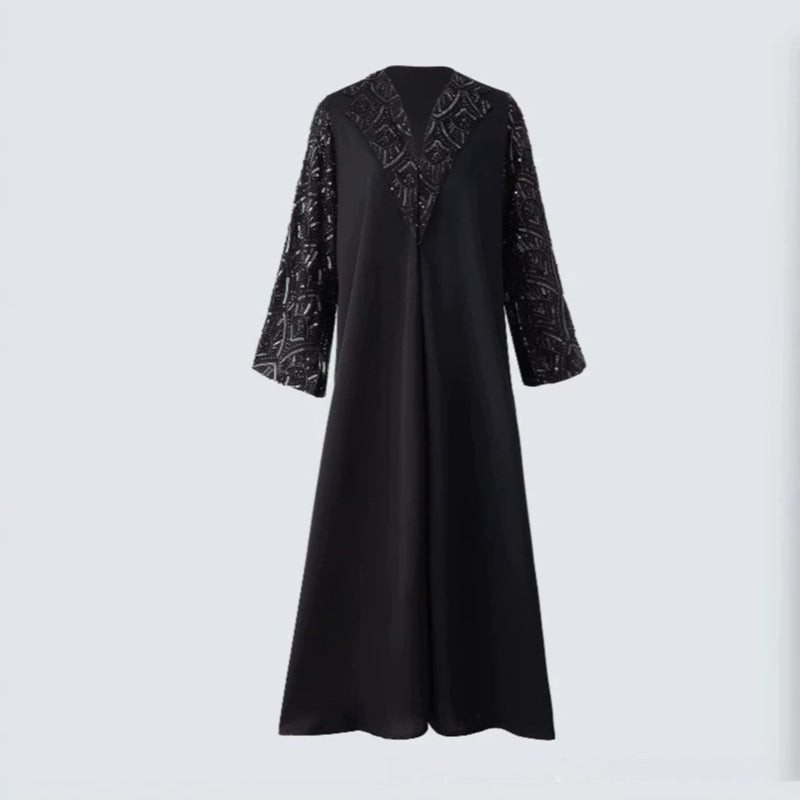Black Sequin & Bead Embroidered Sleeve Open Abaya(MOA339)