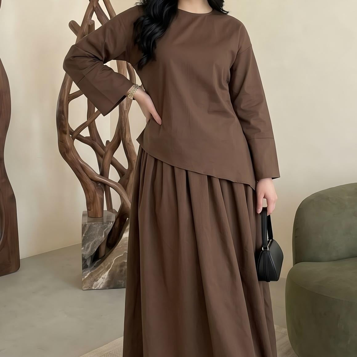 Solid Colour Top & Maxi Skirt Set(MS556)
