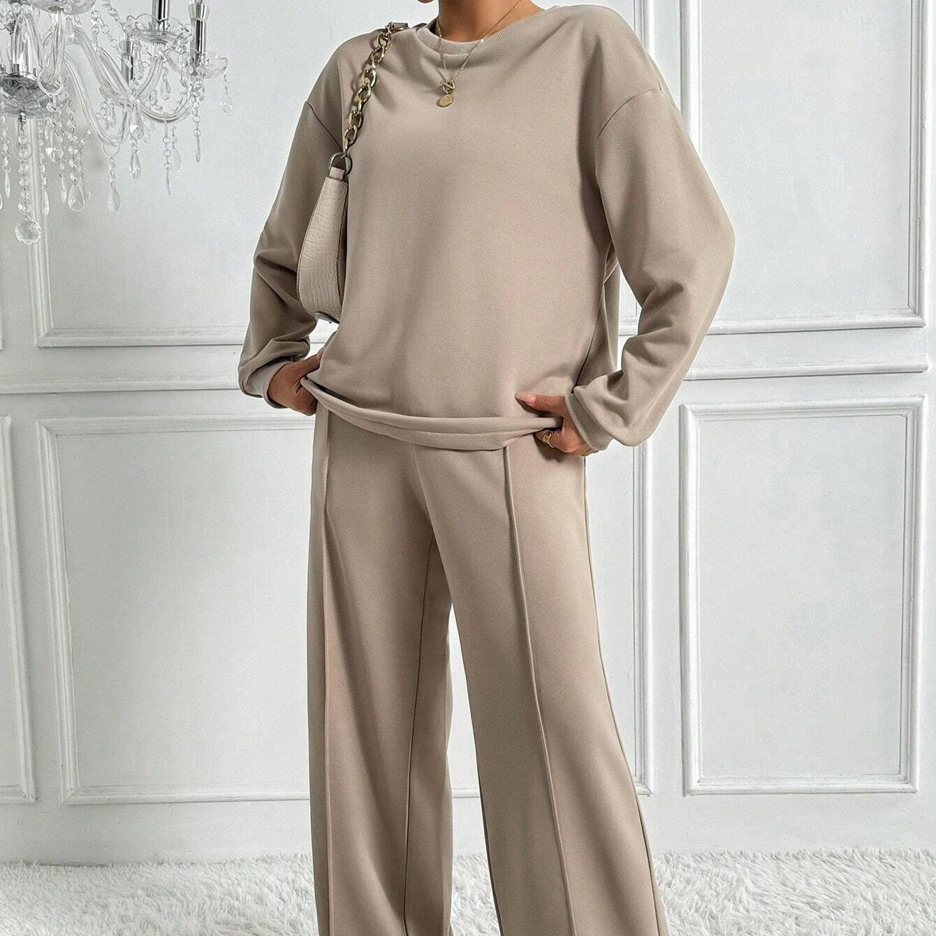 Drop Shoulder Sweatshirt & Wide-Leg Trouser Co-ord Set(MS528)
