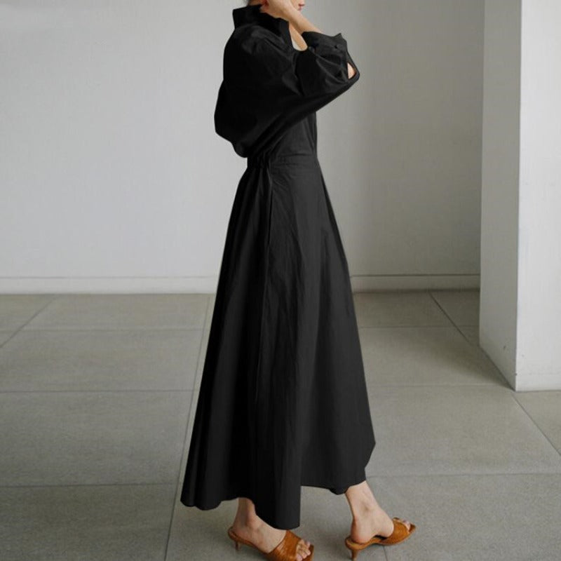 Cotton Linen Polo Collar Long Sleeve Maxi Dress(MS116)