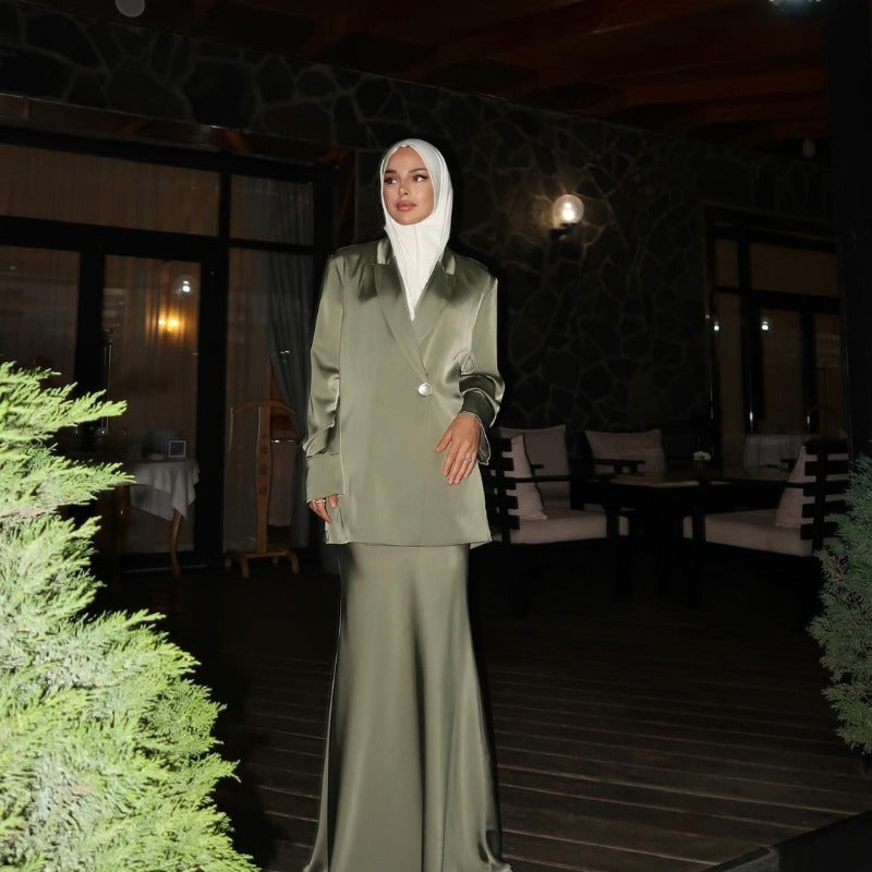 Elegant Satin Blazer & Skirt Set | Professional Two-Piece Suit - Luxurious Office Wear(MS129)