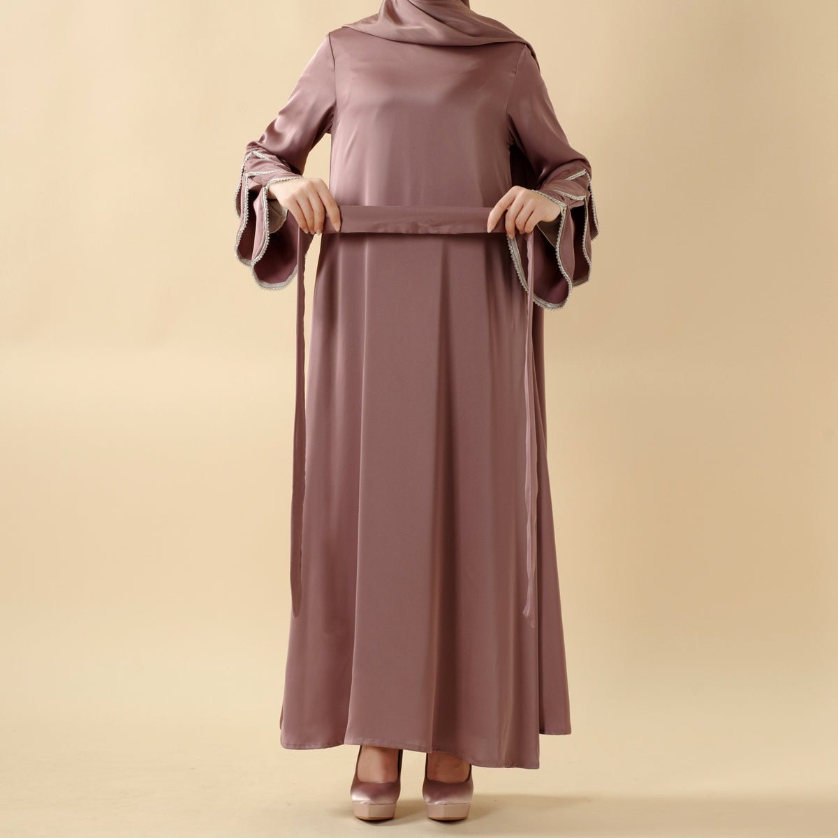 3 - Layer Diamond Ruffle Sleeve Abaya With Pockets (MA040) - Mariam's Collection