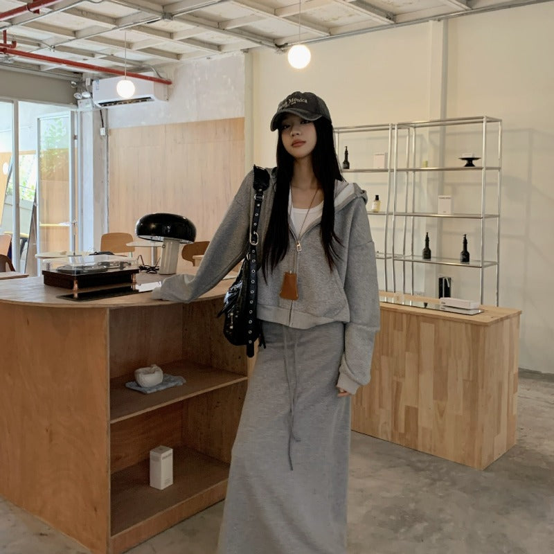 Casual Grey Zip-Up Hoodie & High Waist Drawstring A-Line Skirt Set(MS130)