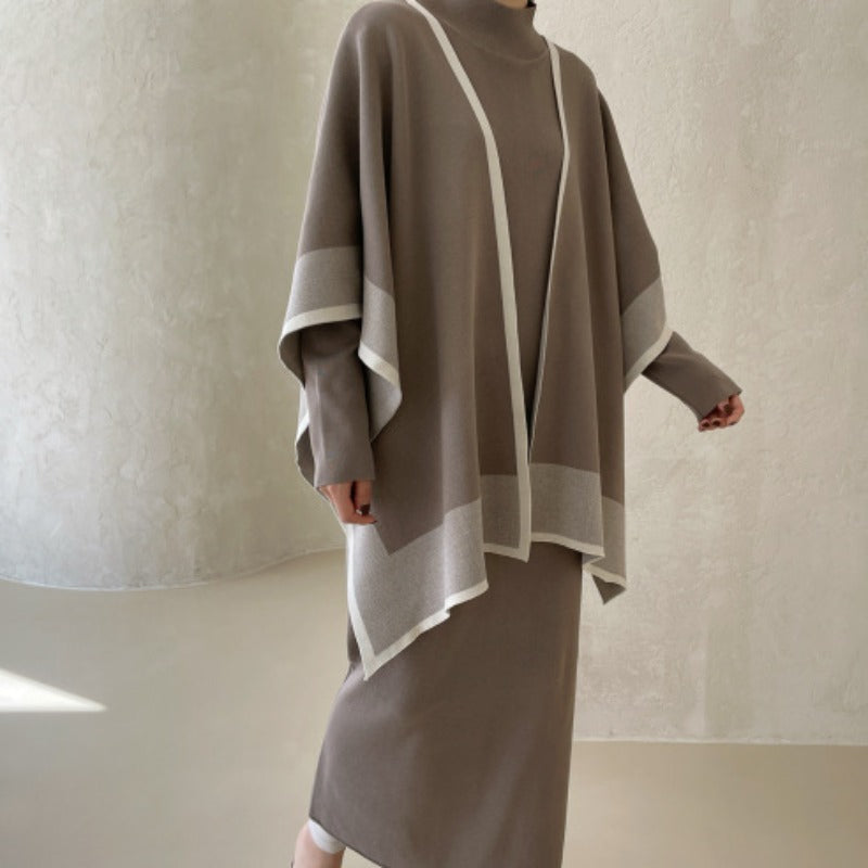 Elegant Knit Shawl & Half-Turtleneck Maxi Dress Set | Two-Piece Modest Outfit(MS117)