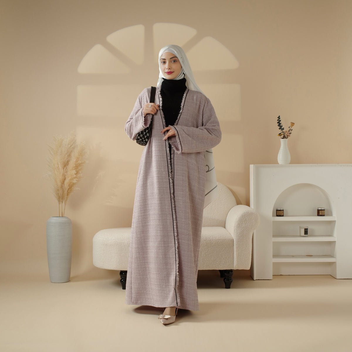 Chanel-Inspired Open Abaya Coat with Fringe Details and Plaid Tweed Design (MOA104)