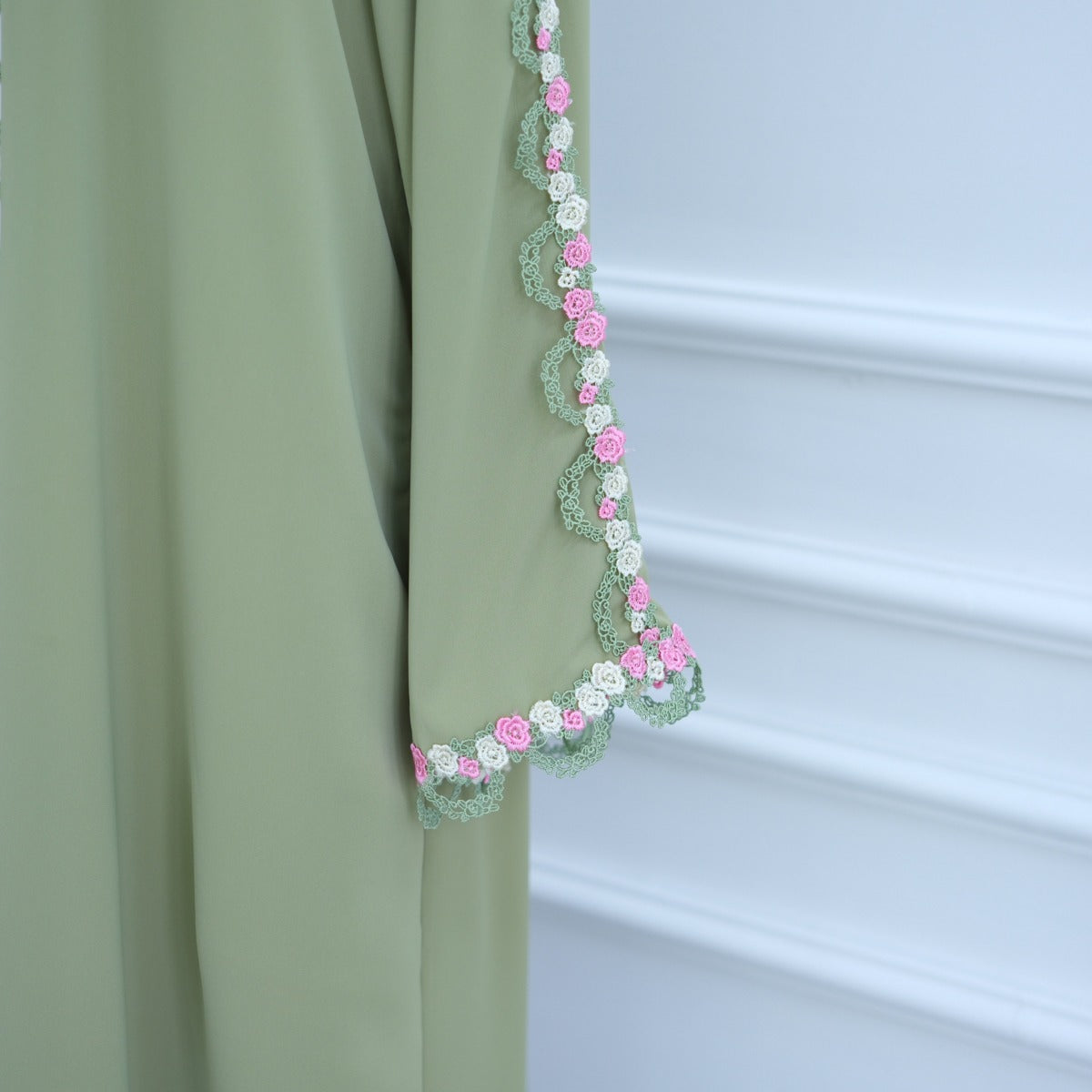 Muslim Women's Luxury Floral Embroidered Cardigan | Olive Green Modest Cover-Up with Pink/White Blossoms (MOA197)