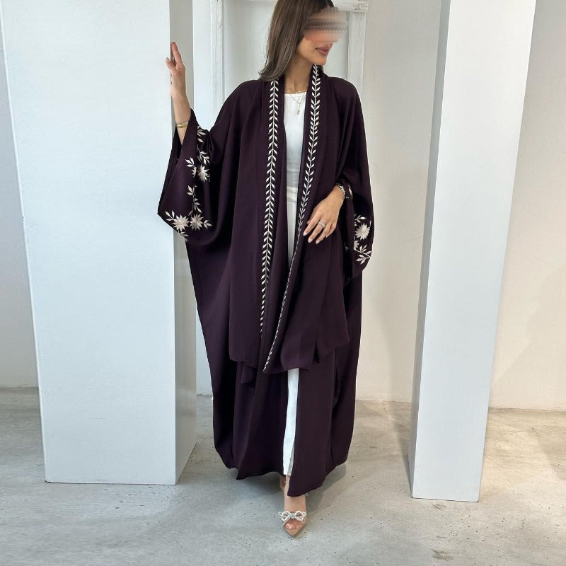 Embroidered Batwing Sleeve Abaya Set | Linen Blend Open Cardigan with Matching Hijab 2-Piece(MOA233)