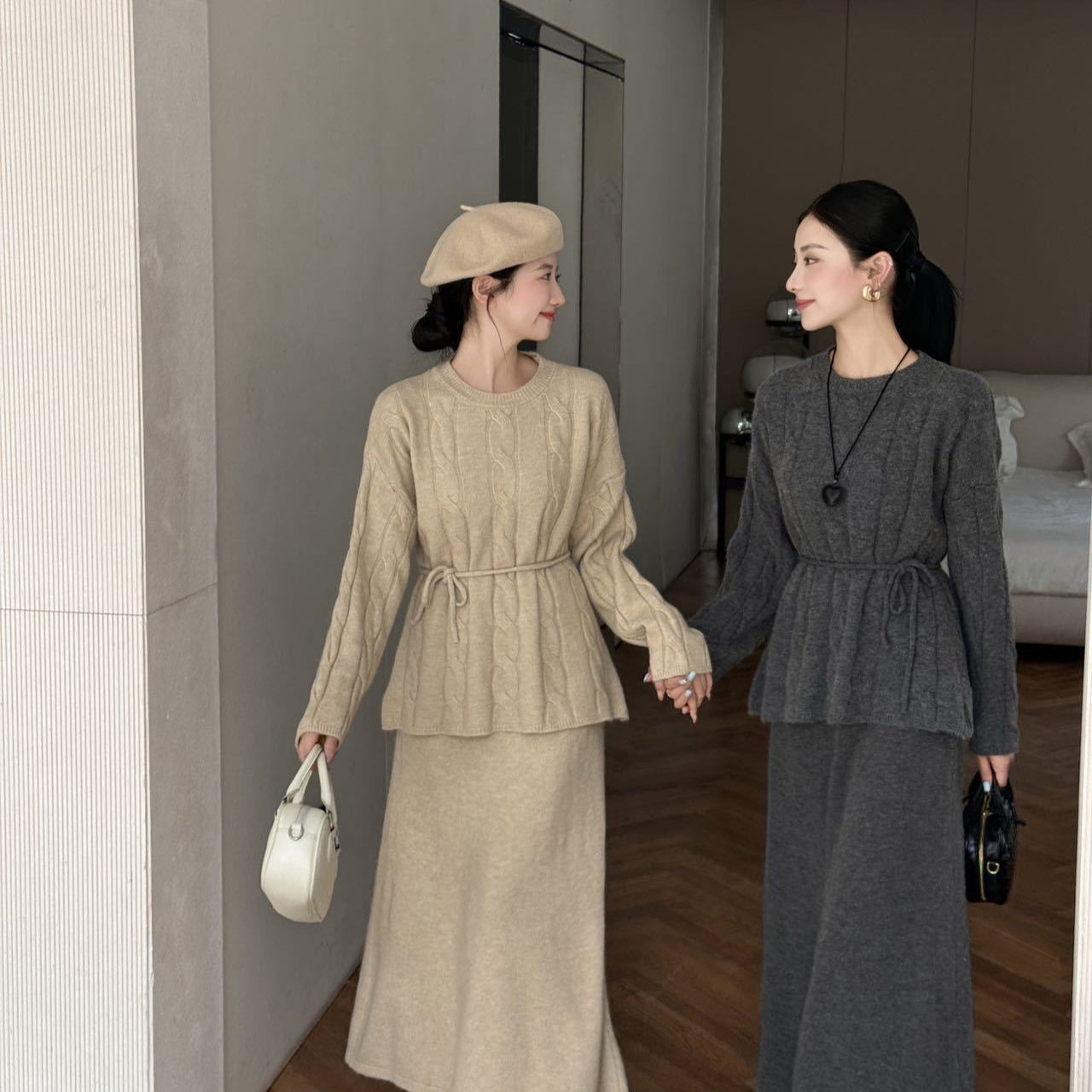 Autumn Winter Cable Knit Two-Piece Set | Round Neck Tie-Waist Sweater & Loose Skirt(MS133)