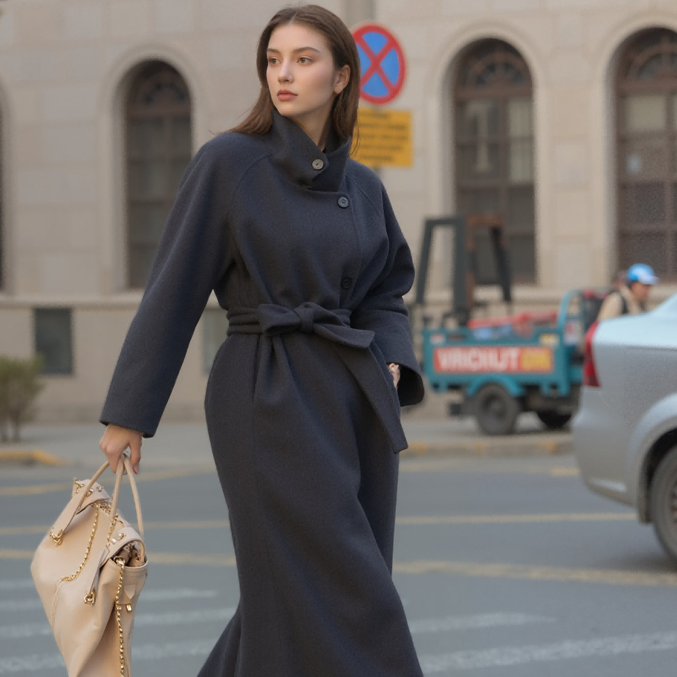 Long Wool Blend Trench Coat Abaya | Double-Breasted Belted Overcoat(MS188)