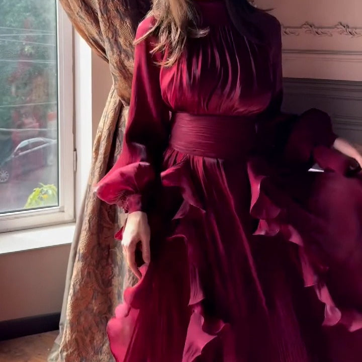 Cascading Ruffle Gown | High Neck Tie-Waist Maxi Dress(MS231)