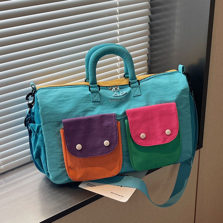 Colorblock Travel Duffel Bag - Lightweight Carry-On Weekender Bag with Shoulder Strap & Exterior Pockets（MAC480）