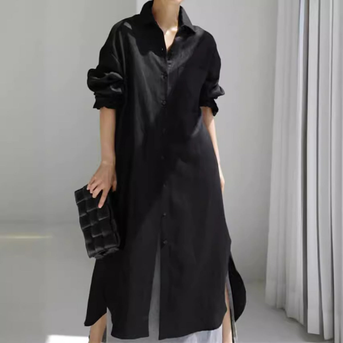 Muslim Casual Elegance Linen-Blend Shirt Dress | Modest Maxi with Button Front & Side Slits. (MS096)
