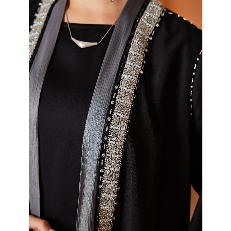 Luxury Embroidered Rhinestone Abaya | Open Front with Contrast Trim & Split Cuffs(MOA235)