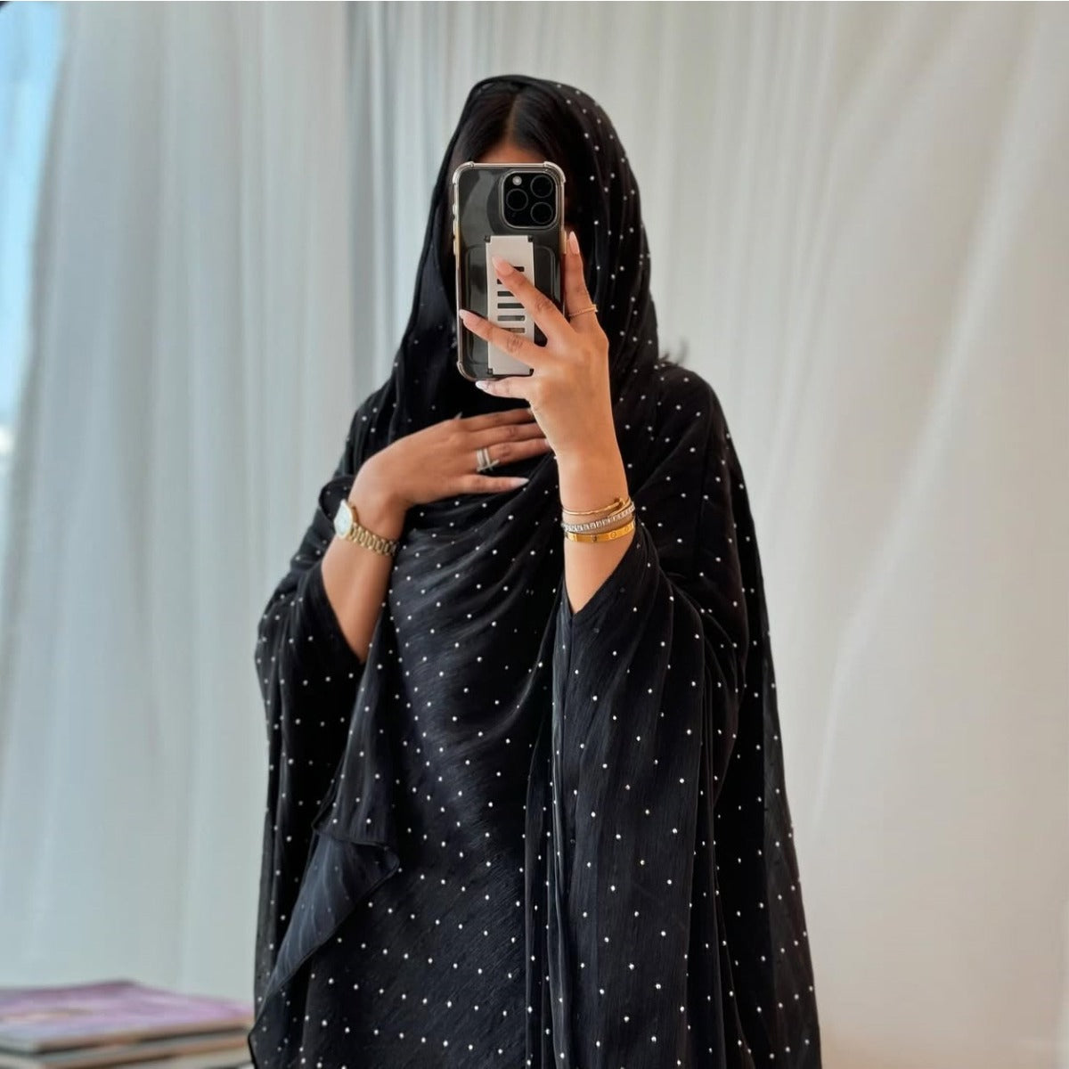 Luxury Muslim Starlight Evening Wear Abaya Set | Midnight Blue Diamond-Embellished Robe Jacket with Matching Hijab(MOA201)