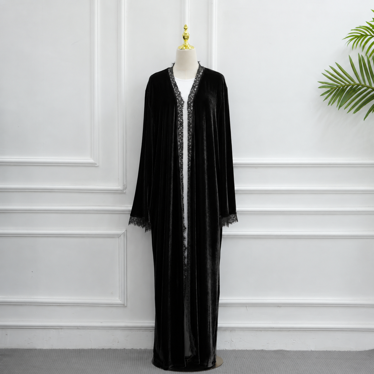 Velvet-Look Lace-Panel Longline Cardigan(MOA352)