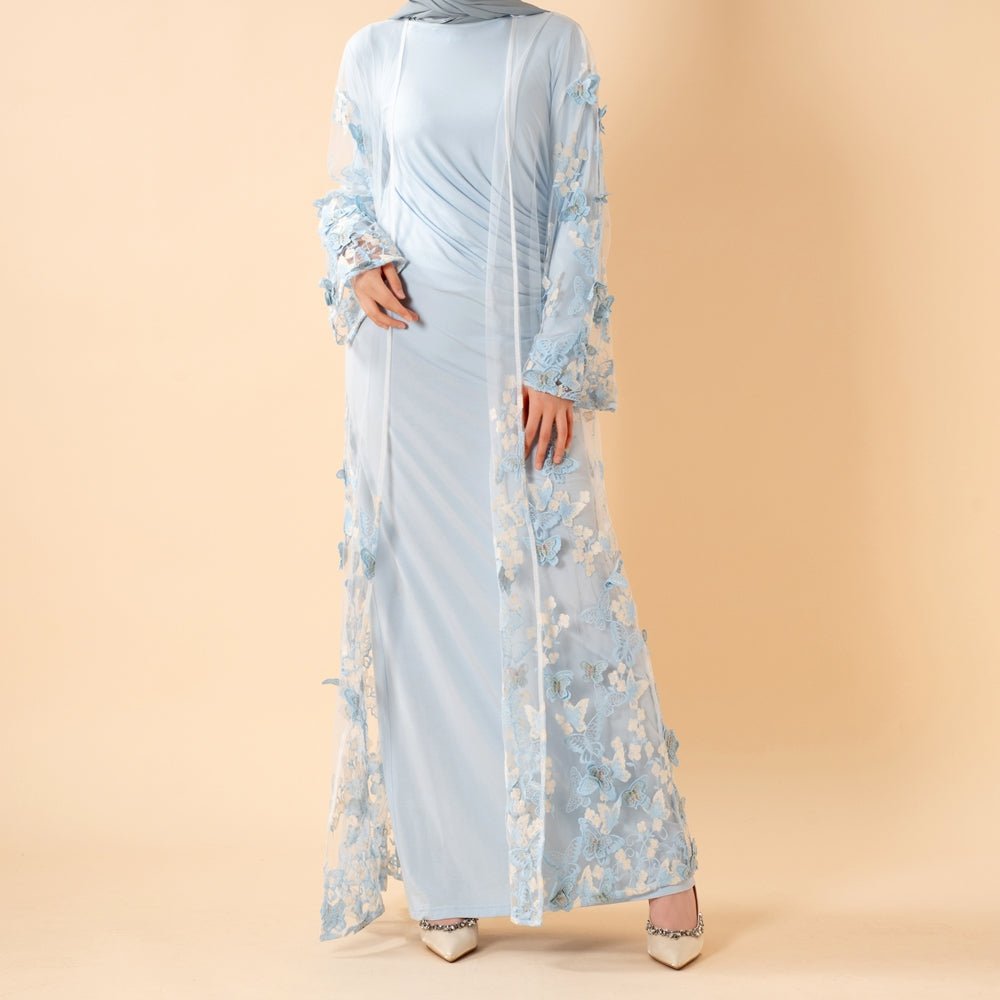 3D Butterfly Embroidered Open Abaya Cardigan with Waist Belt(MOA303) - Mariam's Collection