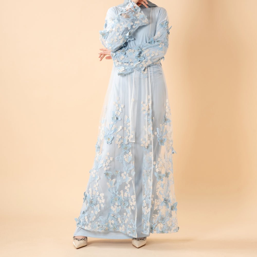 3D Butterfly Embroidered Open Abaya Cardigan with Waist Belt(MOA303) - Mariam's Collection