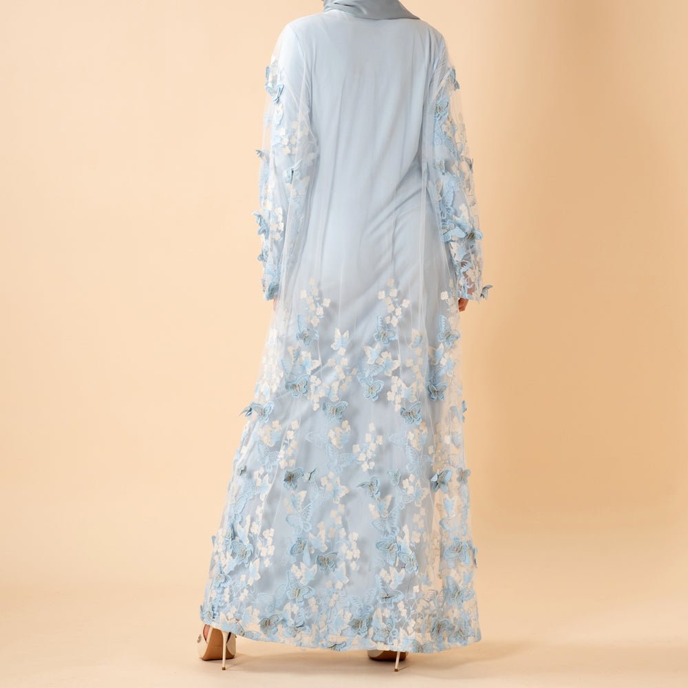 3D Butterfly Embroidered Open Abaya Cardigan with Waist Belt(MOA303) - Mariam's Collection