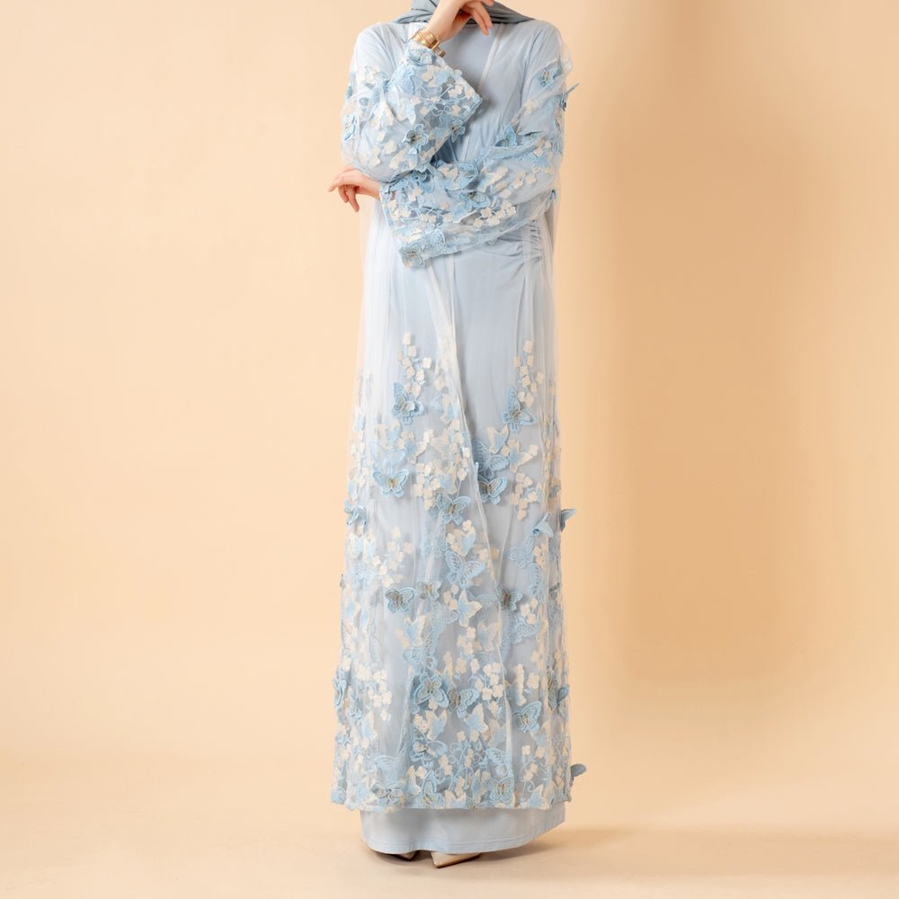 3D Butterfly Embroidered Open Abaya Cardigan with Waist Belt(MOA303) - Mariam's Collection