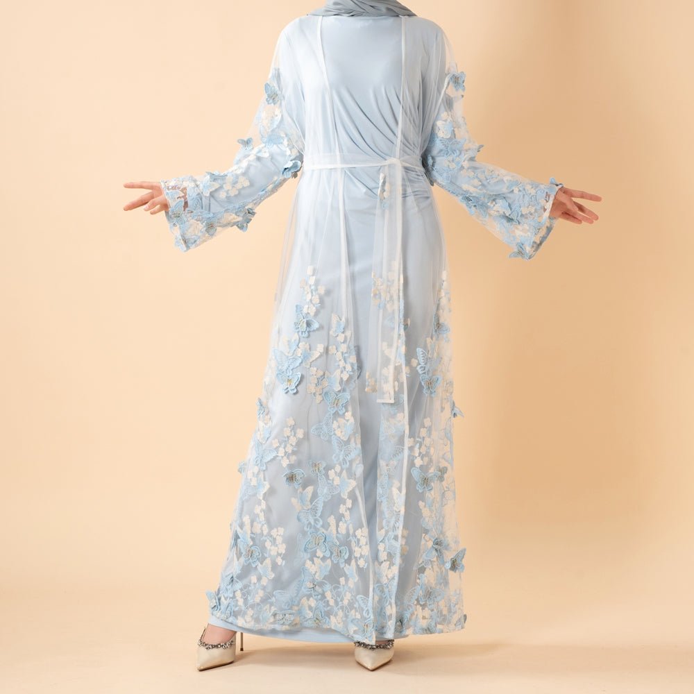 3D Butterfly Embroidered Open Abaya Cardigan with Waist Belt(MOA303) - Mariam's Collection
