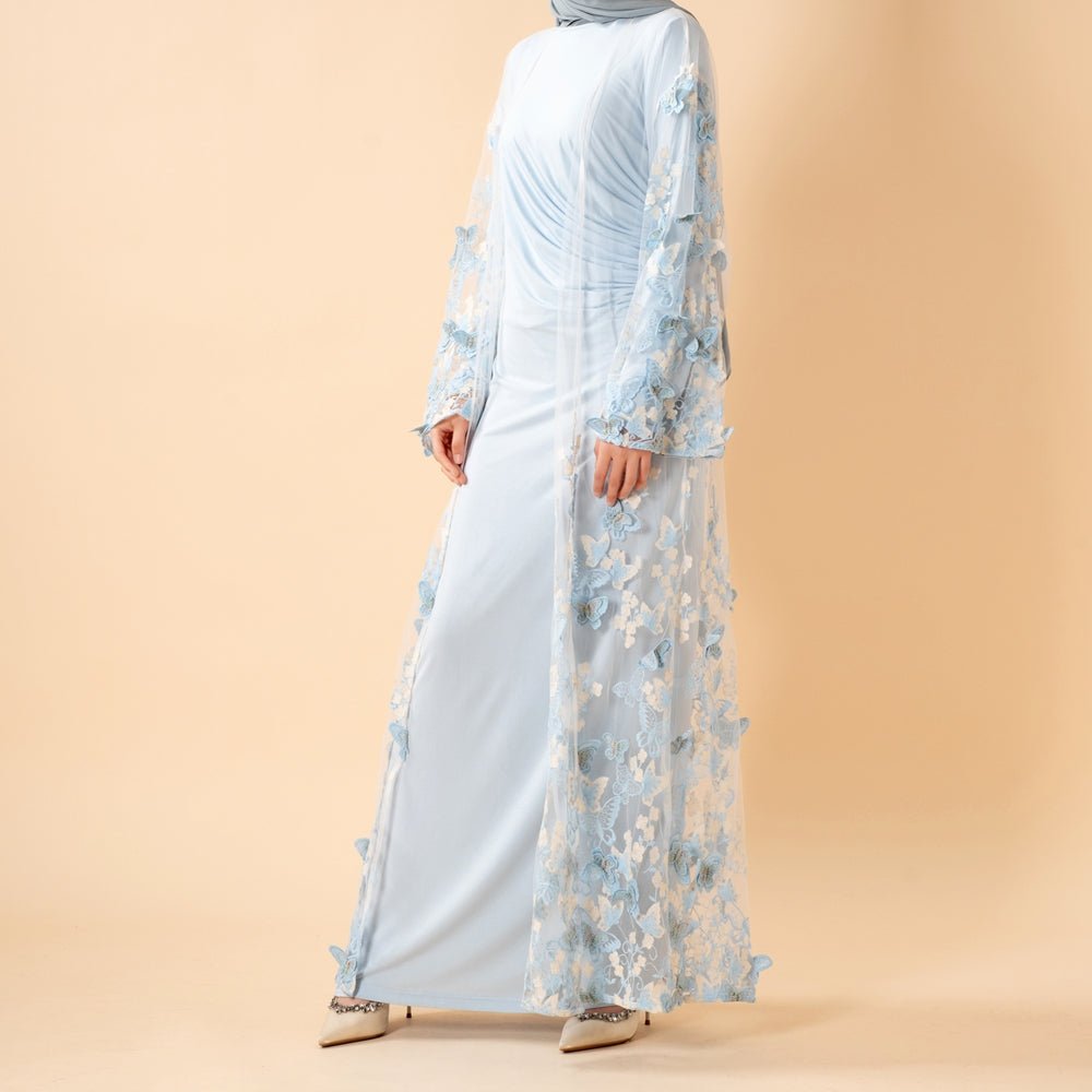 3D Butterfly Embroidered Open Abaya Cardigan with Waist Belt(MOA303) - Mariam's Collection