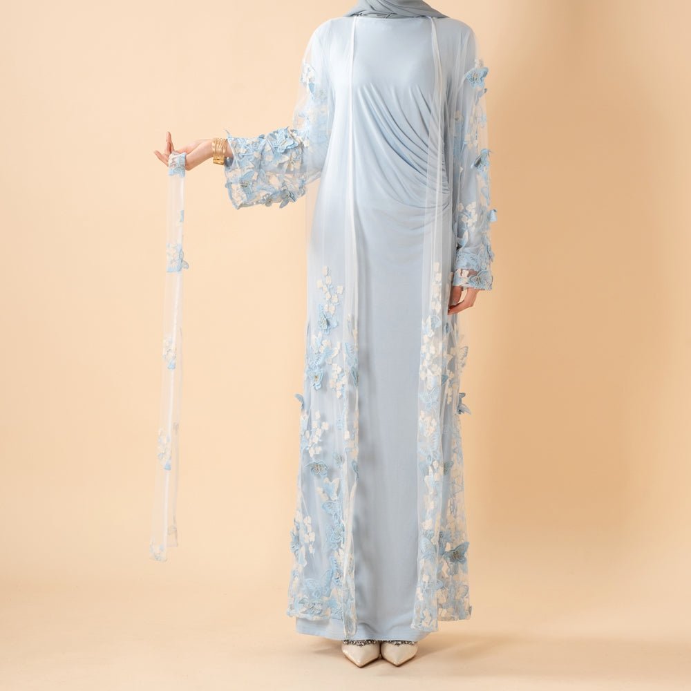 3D Butterfly Embroidered Open Abaya Cardigan with Waist Belt(MOA303) - Mariam's Collection