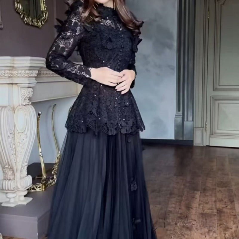 3D Butterfly Lace & Tulle Gown Set(MS223), Black / M
