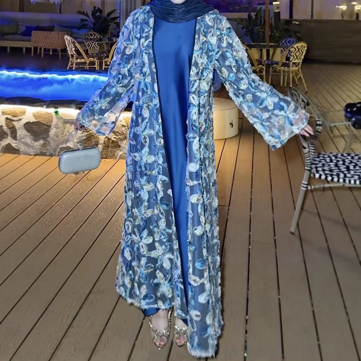 3D Floral Embroidered Mesh Open Abaya Set(MOA302) - Mariam's Collection