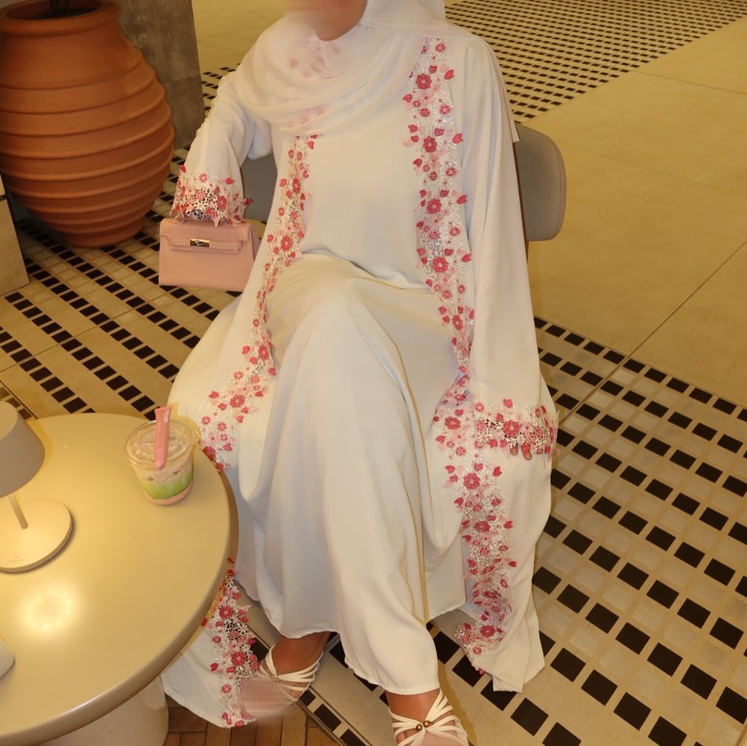 3D Floral Embroidered Nida Open Abaya Set | Inner Dress & Hijab(MOA356) - Mariam's Collection