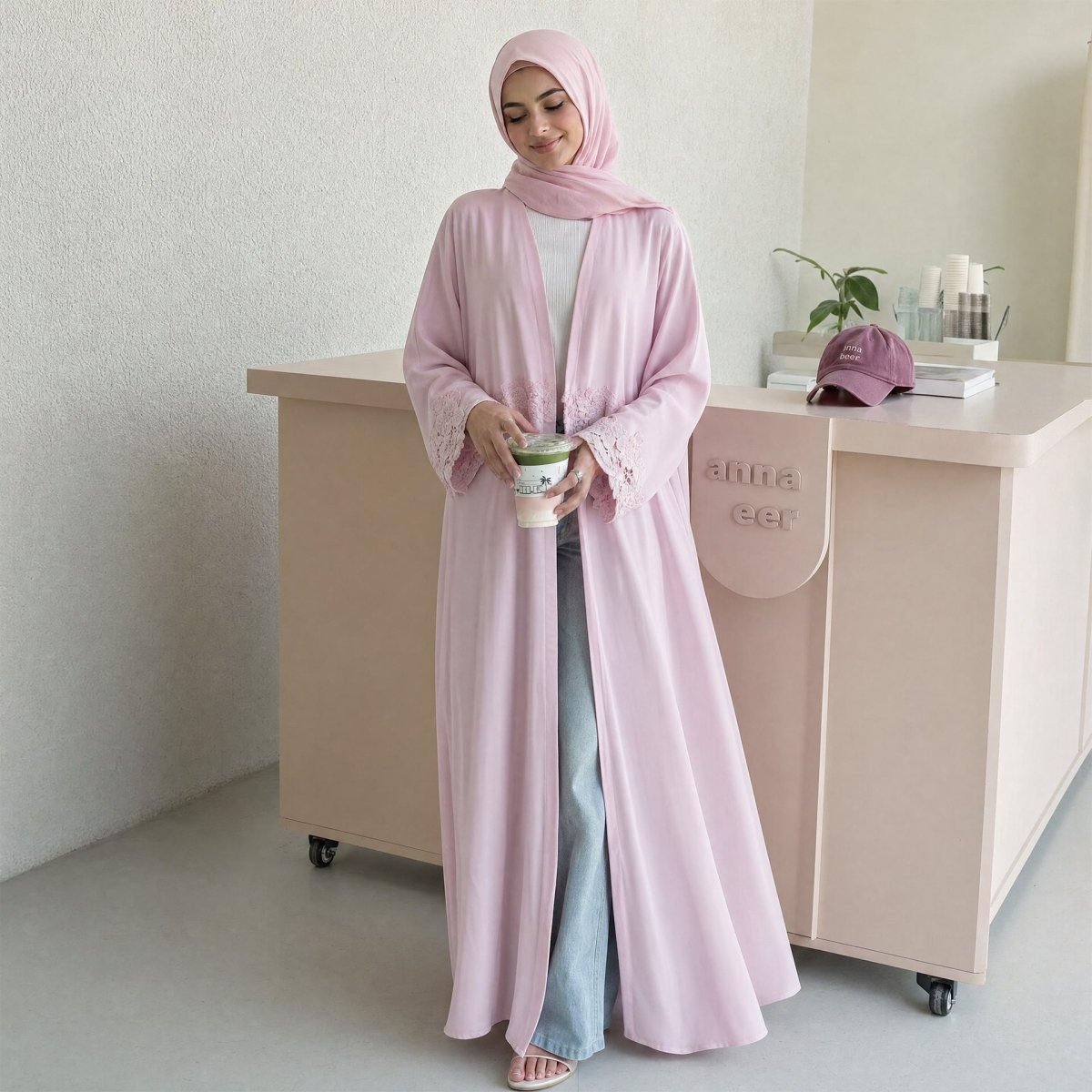 3D Floral Lace Trim Open Abaya(MOA336) - Mariam's Collection