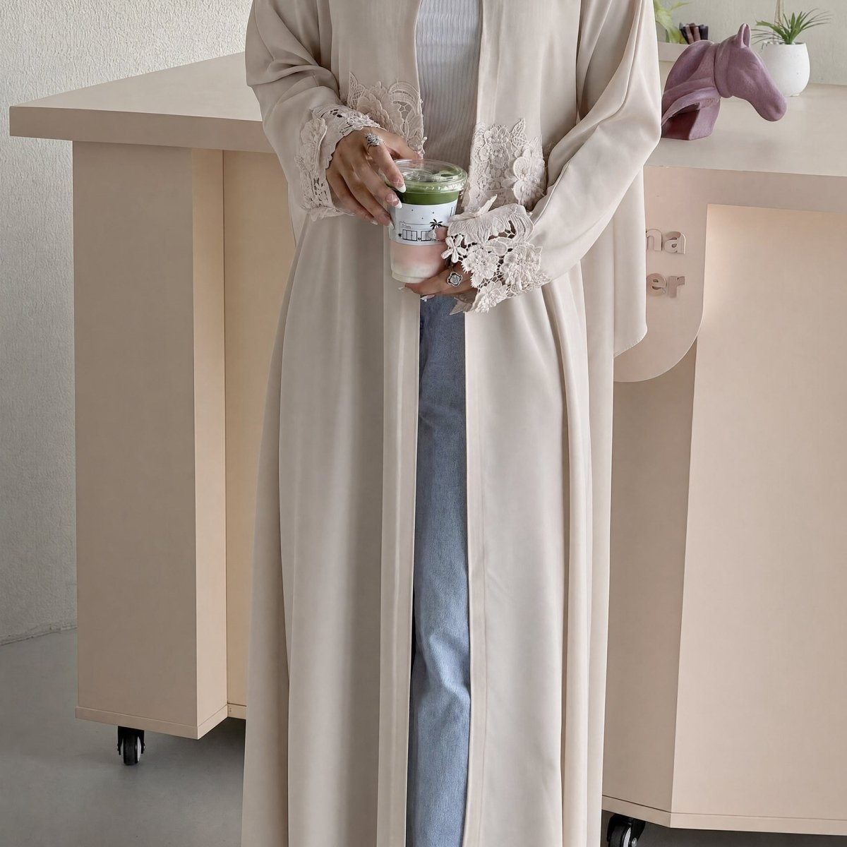 3D Floral Lace Trim Open Abaya(MOA336) - Mariam's Collection
