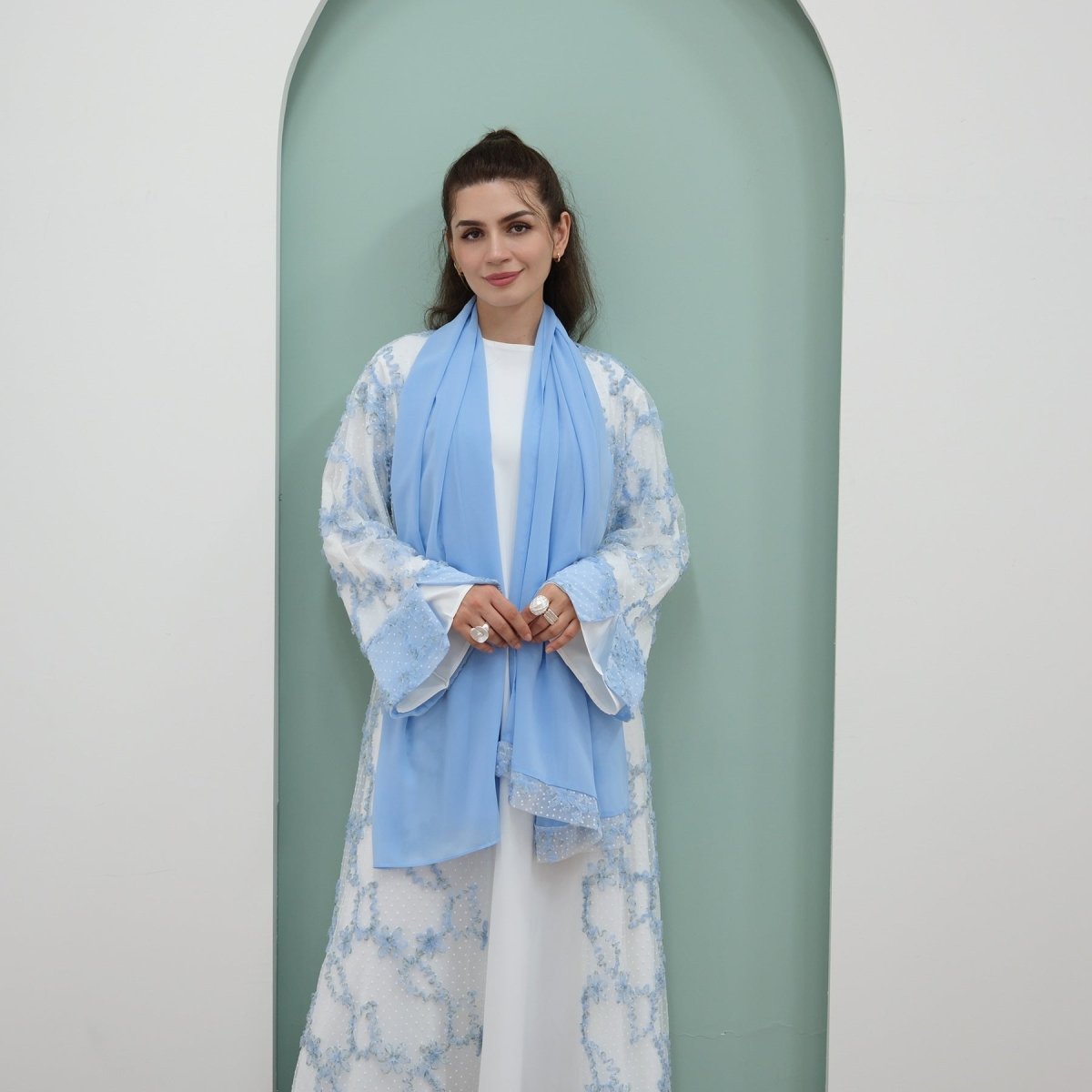 3D Floral Mesh Open Abaya(MOA288) - Mariam's Collection