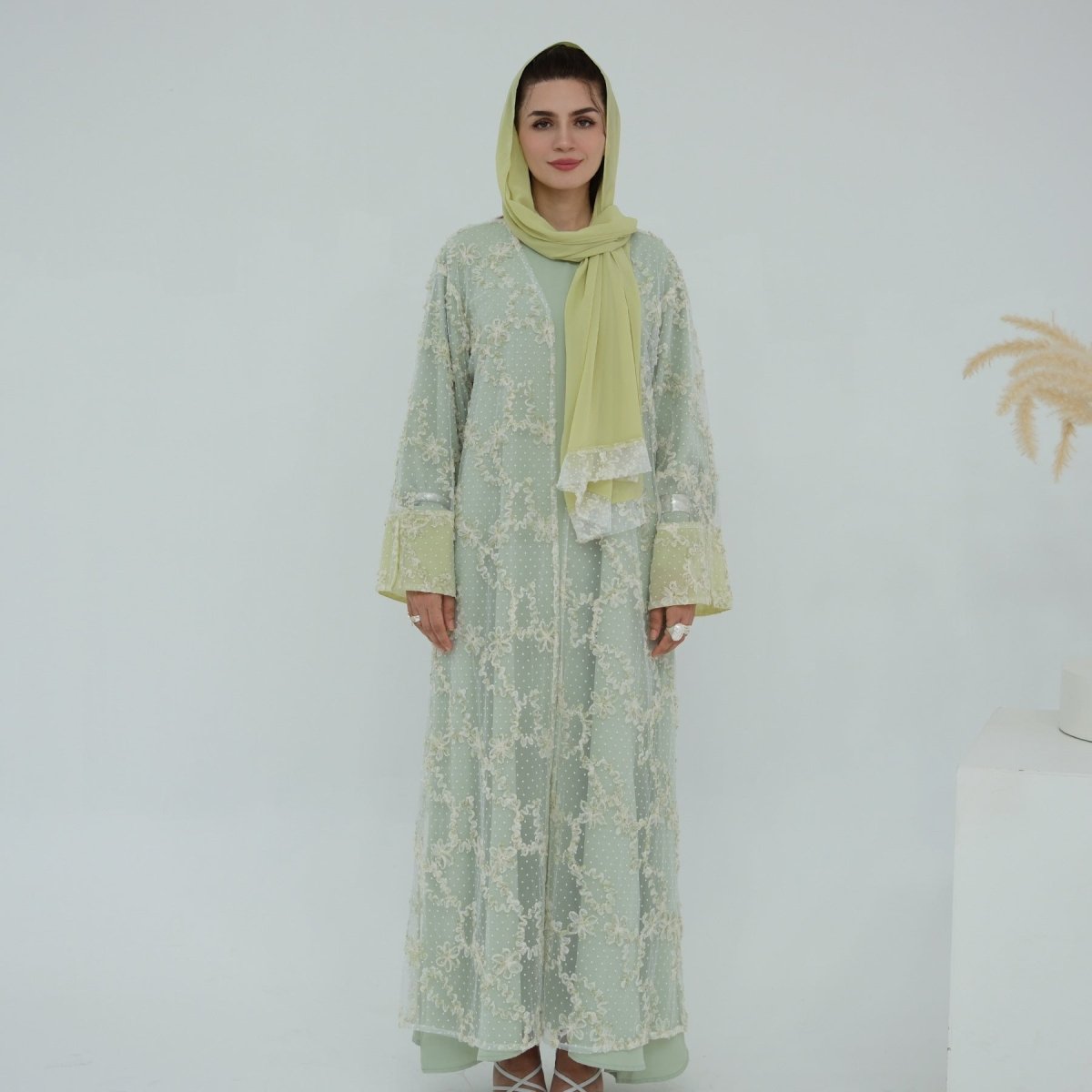 3D Floral Mesh Open Abaya(MOA288) - Mariam's Collection