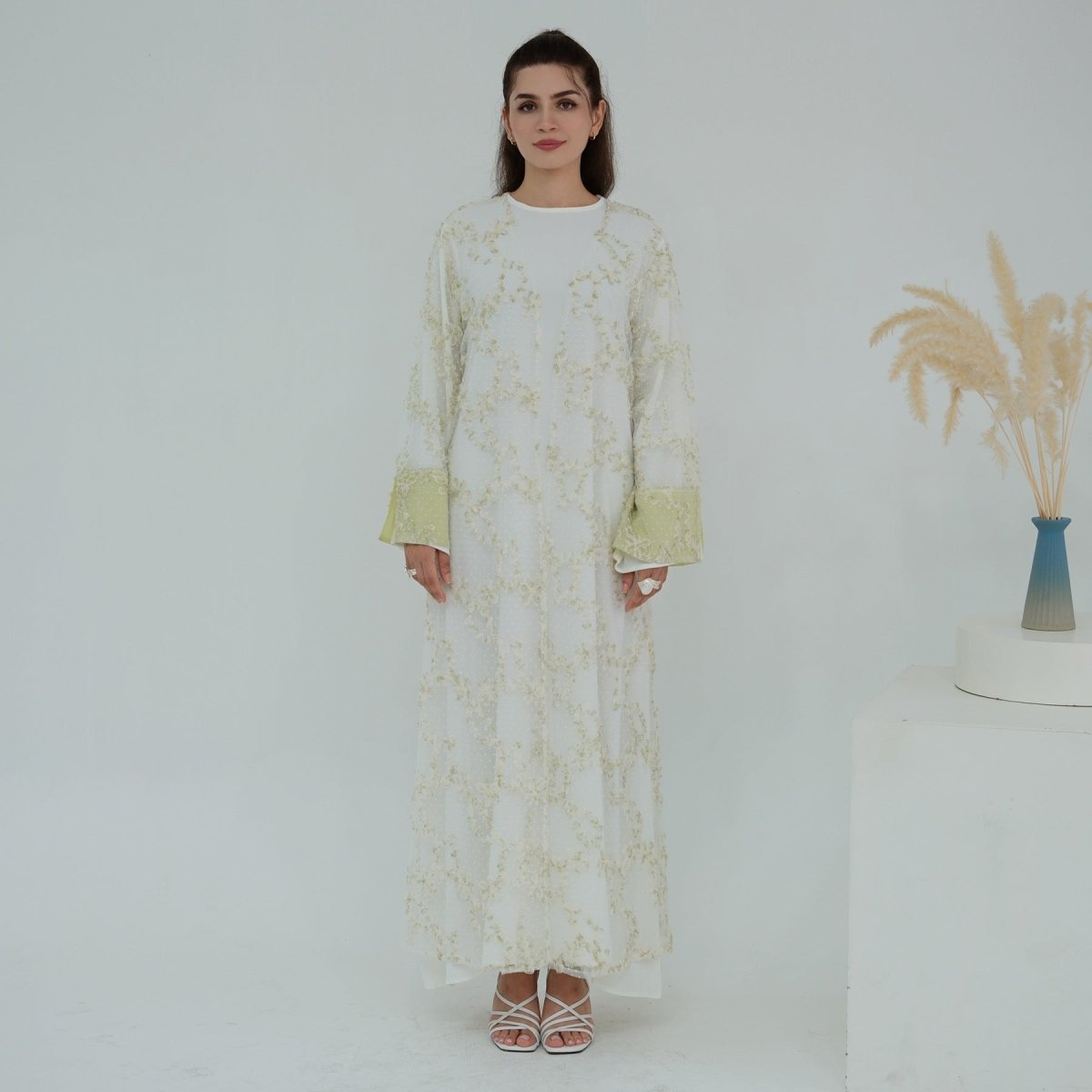 3D Floral Mesh Open Abaya(MOA288) - Mariam's Collection